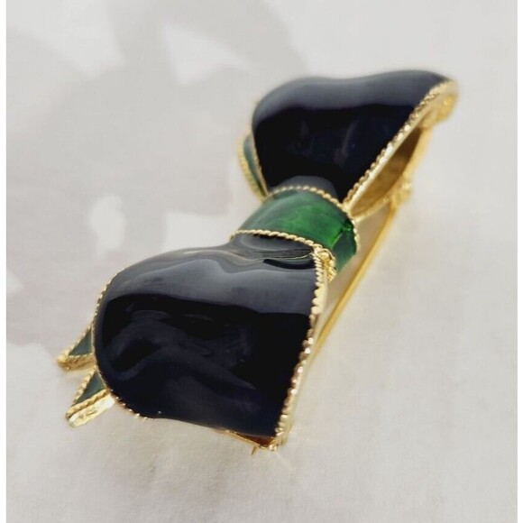 Vintage Brooch Pin Bow Ribbon Enamel Blue Green Gold - Picture 3 of 9